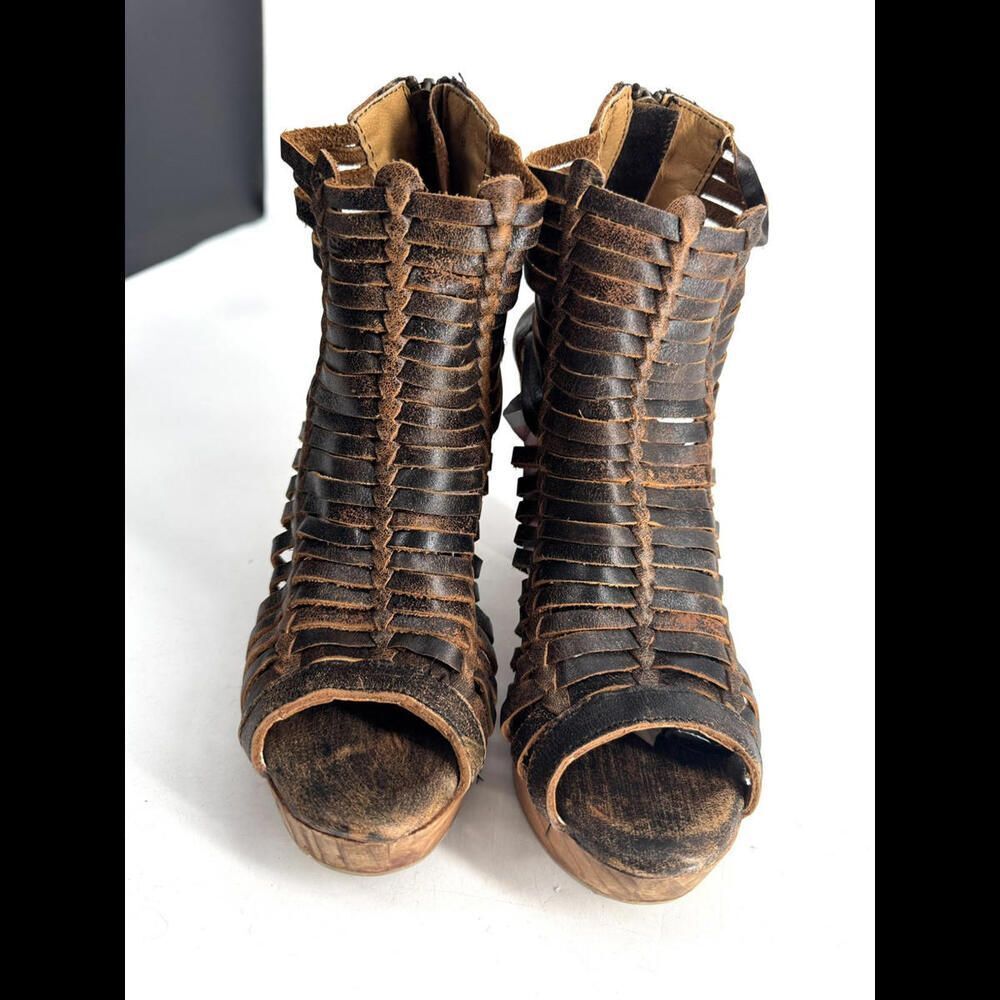 Sbicca Yani Huarache Leather Wood Platform Chunky Sandals Gladiator 8 Fits 7 - Picture 2 of 9